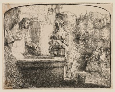 Christus en de Vrouw van Samaria: Een Gebogen Afdruk door Rembrandt van Rijn