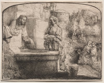 Christus en de Vrouw van Samaria: Een Gebogen Afdruk door Rembrandt van Rijn