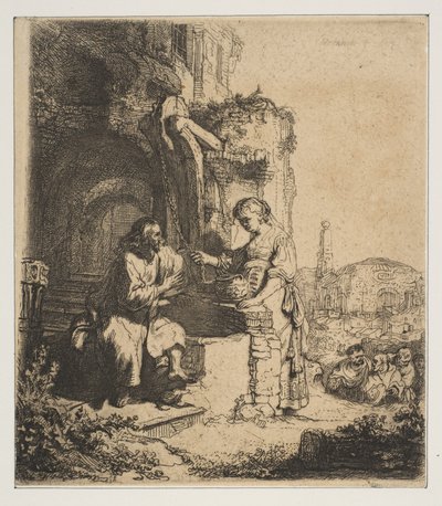 Christus en de Samaritaanse vrouw tussen ruïnes door Rembrandt van Rijn