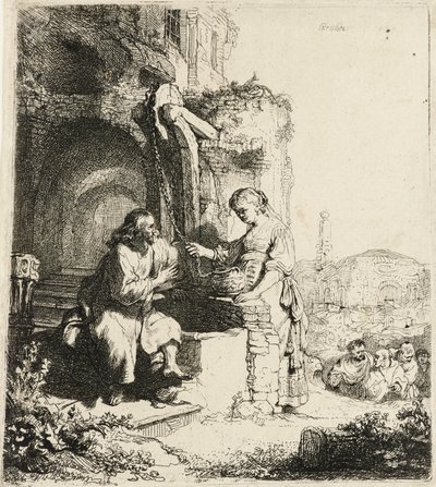 Christus en de Vrouw van Samaria tussen Ruïnes [Johannes 4:5-20], 1634 door Rembrandt van Rijn