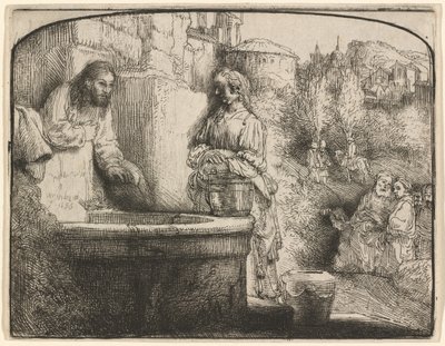 Christus en de Vrouw van Samaria: een Gebogen Afdruk door Rembrandt van Rijn