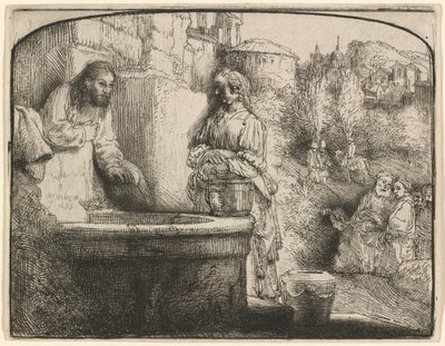 Christus en de vrouw uit Samaria: een gewelfde prent door Rembrandt van Rijn