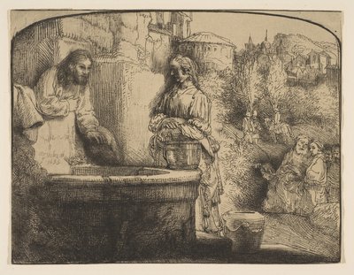 Christus en de vrouw van Samaria: een gebogen prent, 1658 door Rembrandt van Rijn