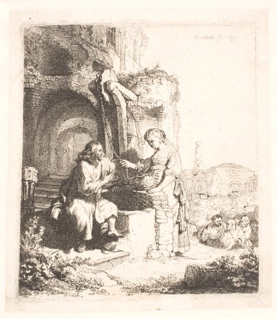 Christus en de vrouw van Samaria: tussen ruïnes door Rembrandt van Rijn