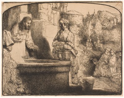 Christus en de vrouw van Samaria: een gebogen prent door Rembrandt van Rijn