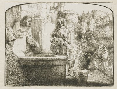Christus en de vrouw van Samaria: een gebogen prent door Rembrandt van Rijn