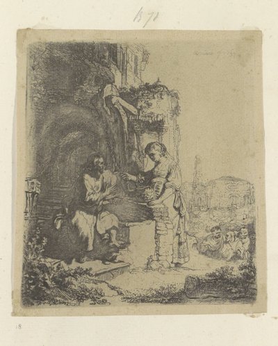 Christus en de Samaritaanse vrouw: op de achtergrond ruïnes door Rembrandt van Rijn
