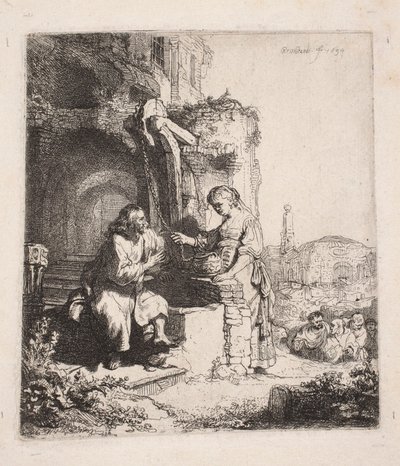 Christus en de Samaritaanse vrouw te midden van de ruïnes (verticale prent) door Rembrandt van Rijn