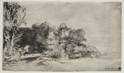 Boomgroep met uitzicht door Rembrandt van Rijn