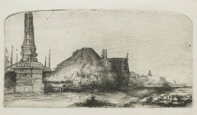 Huisje en grenspaal op de Spaarndammerdijk door Rembrandt van Rijn
