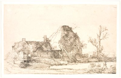 Cottage en boerderijgebouwen met een man die schetst door Rembrandt van Rijn
