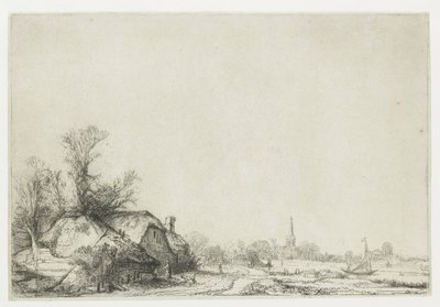 Cottage naast een kanaal met uitzicht op Ouderkerk door Rembrandt van Rijn