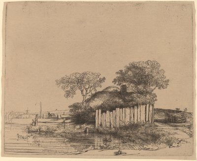 Huisje met een witte omheining door Rembrandt van Rijn