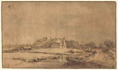 Huisjes en schuur naast een weg door Rembrandt van Rijn