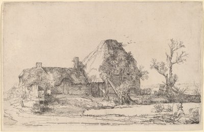 Huisjes en boerderijgebouwen met een man die schetst door Rembrandt van Rijn
