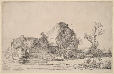 Vakantiehuisjes en boerderijgebouwen met een man die aan het schetsen is door Rembrandt van Rijn