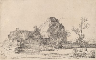 Huisjes en boerderijgebouwen met een man die schetst, ca. 1645 door Rembrandt van Rijn