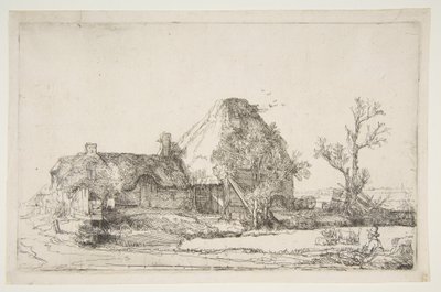 Huisjes en Boerderijgebouwen met een Man die Schetst, circa 1645 door Rembrandt van Rijn