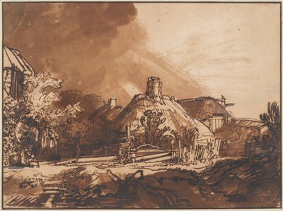 Huisjes onder een stormachtige lucht, ca. 1640 door Rembrandt van Rijn