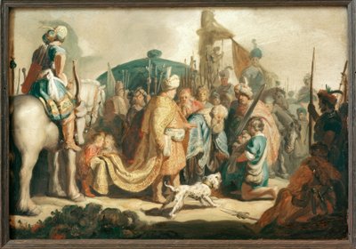 David knielt met het hoofd van Goliath voor Saul door Rembrandt van Rijn