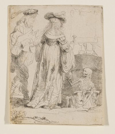 De Dood verschijnt aan een getrouwd stel vanuit een open graf door Rembrandt van Rijn