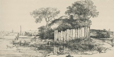 De hut achter het plankenhek door Rembrandt van Rijn