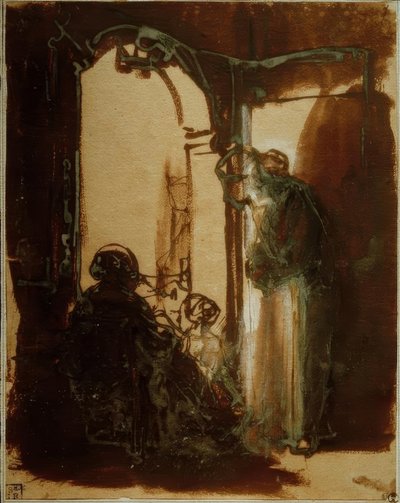 Drie vrouwen bij de deur door Rembrandt van Rijn