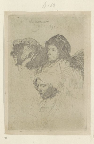 Drie vrouwenkoppen, één slapend door Rembrandt van Rijn