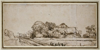 Boerderijgebouwen naast een weg door Rembrandt van Rijn