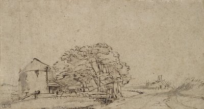 Boerderijgebouw naast een Weg met Verafgelegen Boerderij door Rembrandt van Rijn
