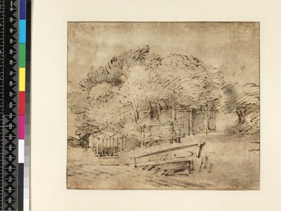 Boerderij onder bomen, met een voetbrug door Rembrandt van Rijn