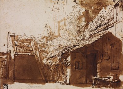 Boerderij in licht en schaduw door Rembrandt van Rijn