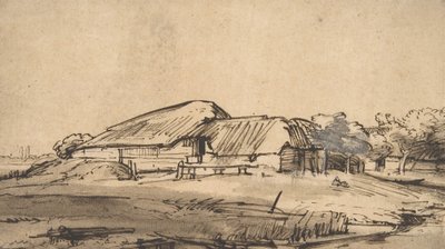 Groep boerderijgebouwen door Rembrandt van Rijn