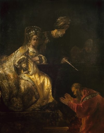 Haman smeekt om genade van Esther door Rembrandt van Rijn