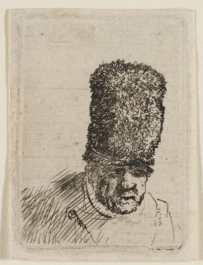 Hoofd van een oude man met een hoge bontmuts: buste door Rembrandt van Rijn