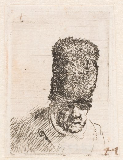 Hoofd van een oude man met een hoge bontmuts door Rembrandt van Rijn