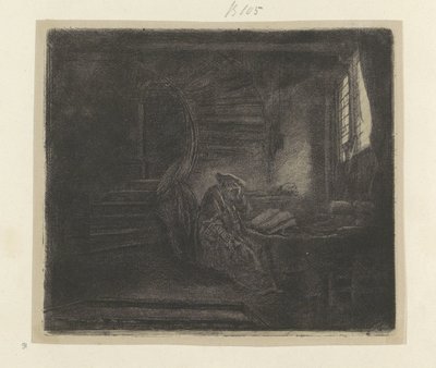 Hieronymus in een donker studeervertrek door Rembrandt van Rijn