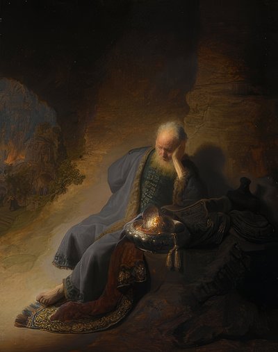 Jeremia, rouwend over de vernietiging van Jeruzalem door Rembrandt van Rijn