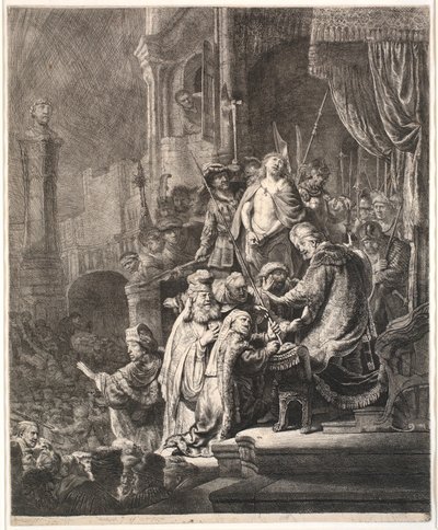 Jezus voor Pilatus: grote plaat door Rembrandt van Rijn