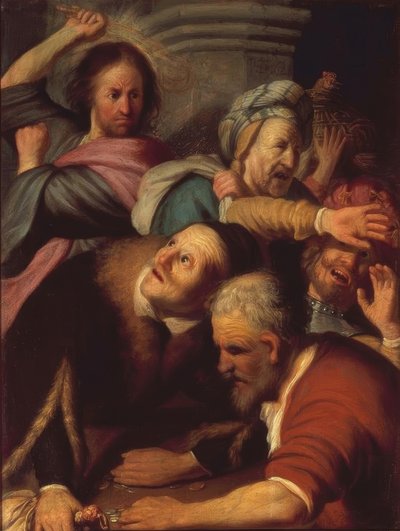 Jezus verdrijft de geldwisselaars uit de tempel door Rembrandt van Rijn