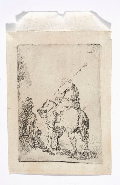 Een ruiter met een tulband te paard door Rembrandt van Rijn