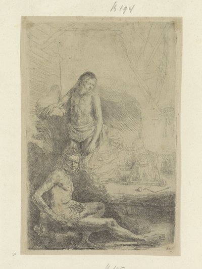 Jongeman, zittend en staand door Rembrandt van Rijn