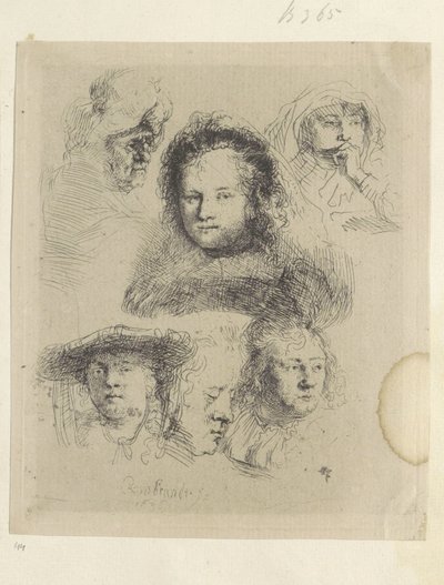 Kopstudies van Saskia en anderen door Rembrandt van Rijn