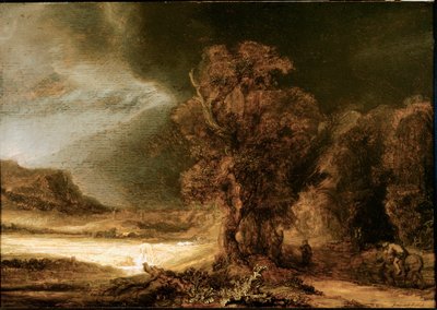 Landschap bij de Barmhartige Samaritaan door Rembrandt van Rijn