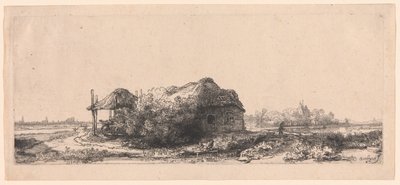 Landschap met Huisjes en een Hooischuur: Liggend door Rembrandt van Rijn