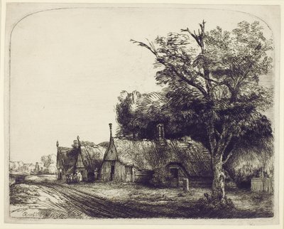 Landschap met Gevelhuisjes Langs een Weg door Rembrandt van Rijn