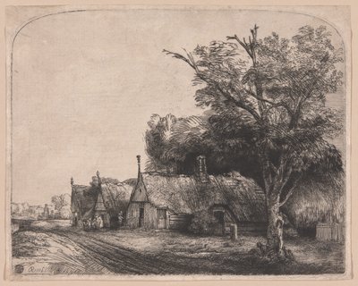 Landschap met drie huisjes met puntgevels langs een weg door Rembrandt van Rijn