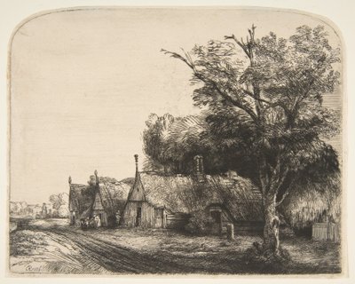 Landschap met drie huizen met puntgevels naast een weg door Rembrandt van Rijn