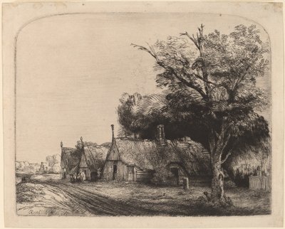Landschap met Drie Huisjes met Puntdaken langs een Weg door Rembrandt van Rijn