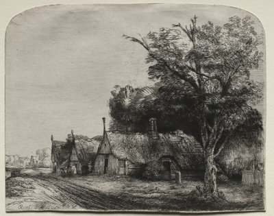Landschap met drie huizen met puntgevels naast een weg, 1650 door Rembrandt van Rijn